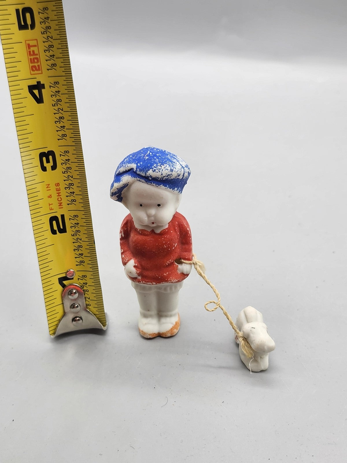 Vintage Child With Dog Porcelain Figurine Small Red Blue Hand Painted Decor