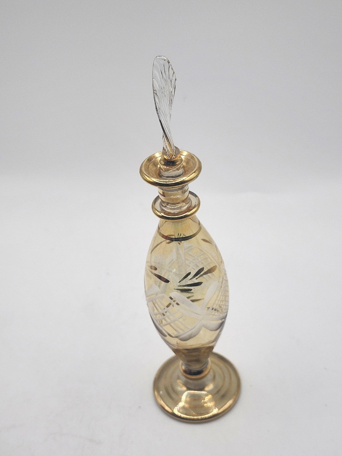Vintage DeVilbiss Glass Perfume Bottle Gold Etched Floral Stopper USA Decor