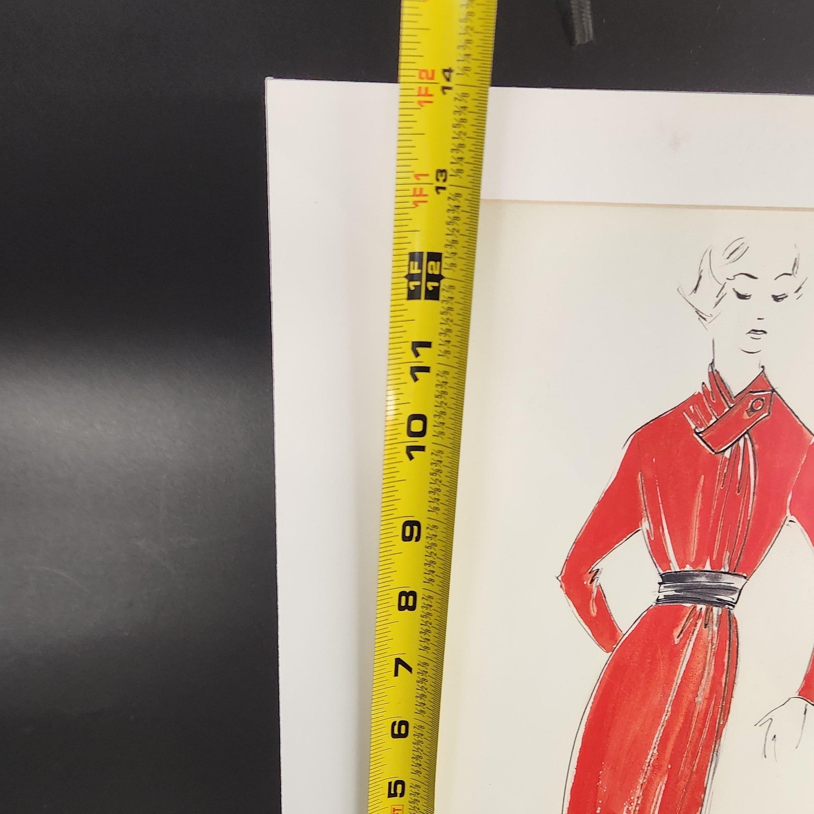 Fashion Woman Red Dress Original Ink Illustration Drawing Matted 14x11 Art