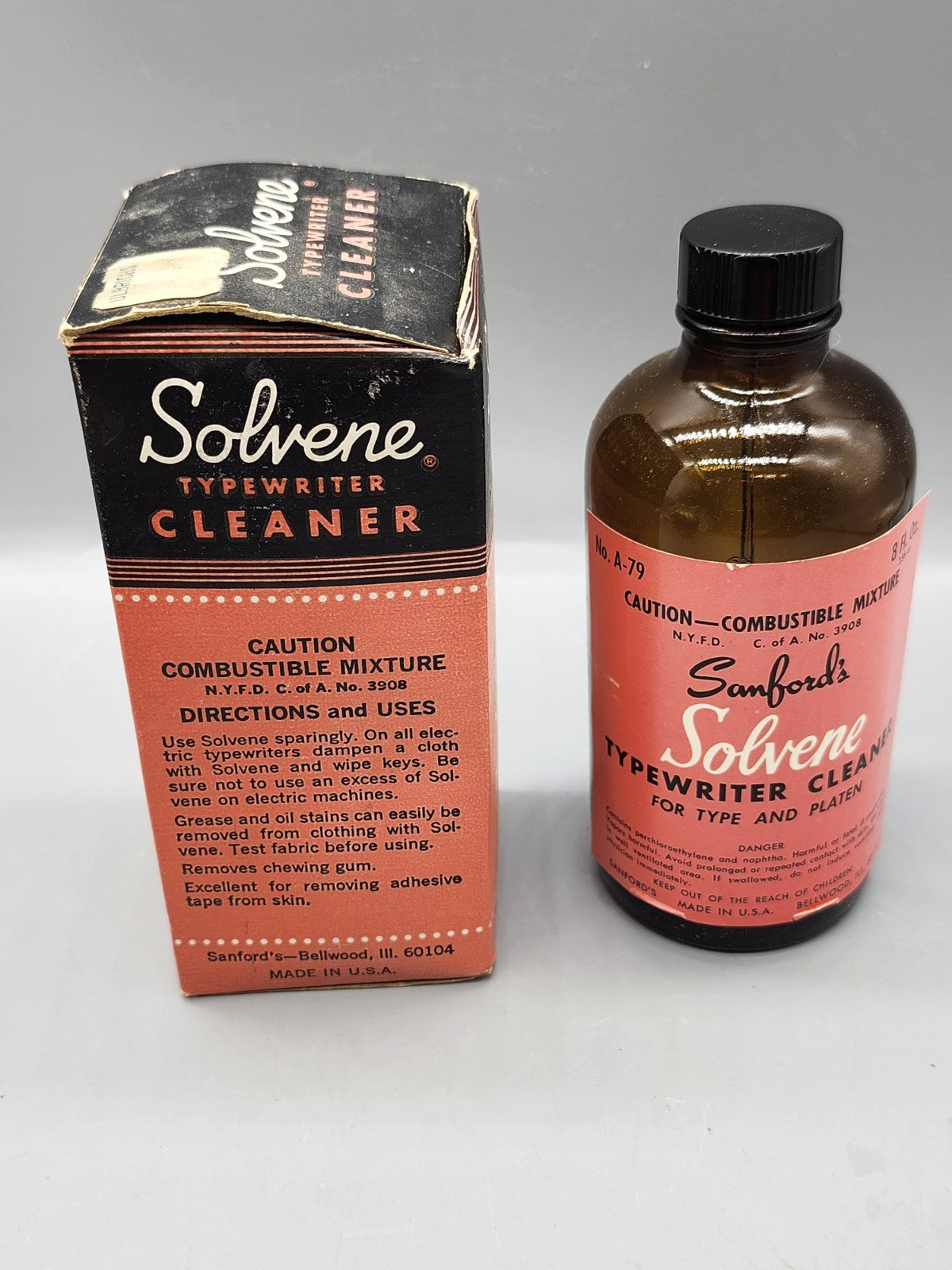 Vintage Sanford Solvene Typewriter Cleaner 8 Oz Bottle Box No A-79