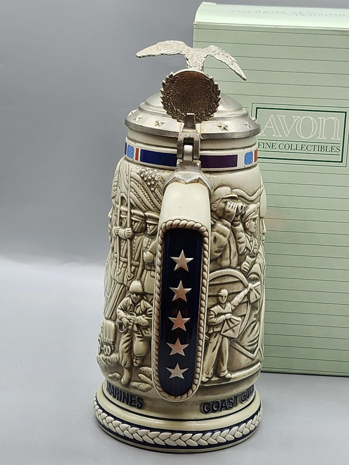 Vintage 1990 Avon American Armed Forces Beige Lidded Stein Brazil Decor USA