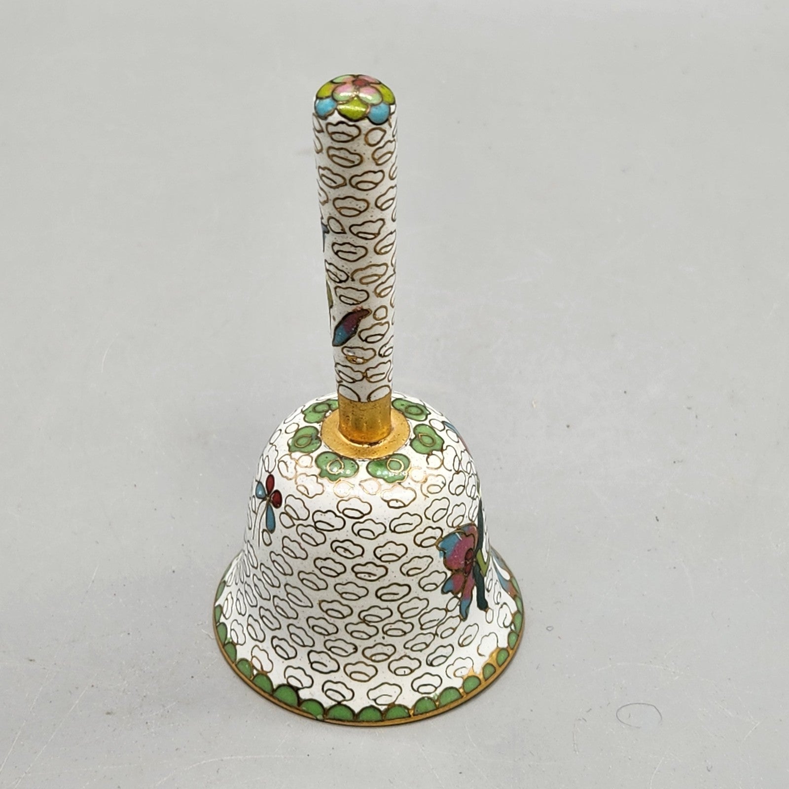 Vintage Cloisonné Enamel Bell Floral Design Decorative Brass Hand Bell 4"