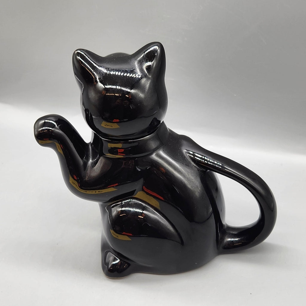 Black Ceramic Cat Teapot Glossy Figural Lid Handle Small Kitchen Decor