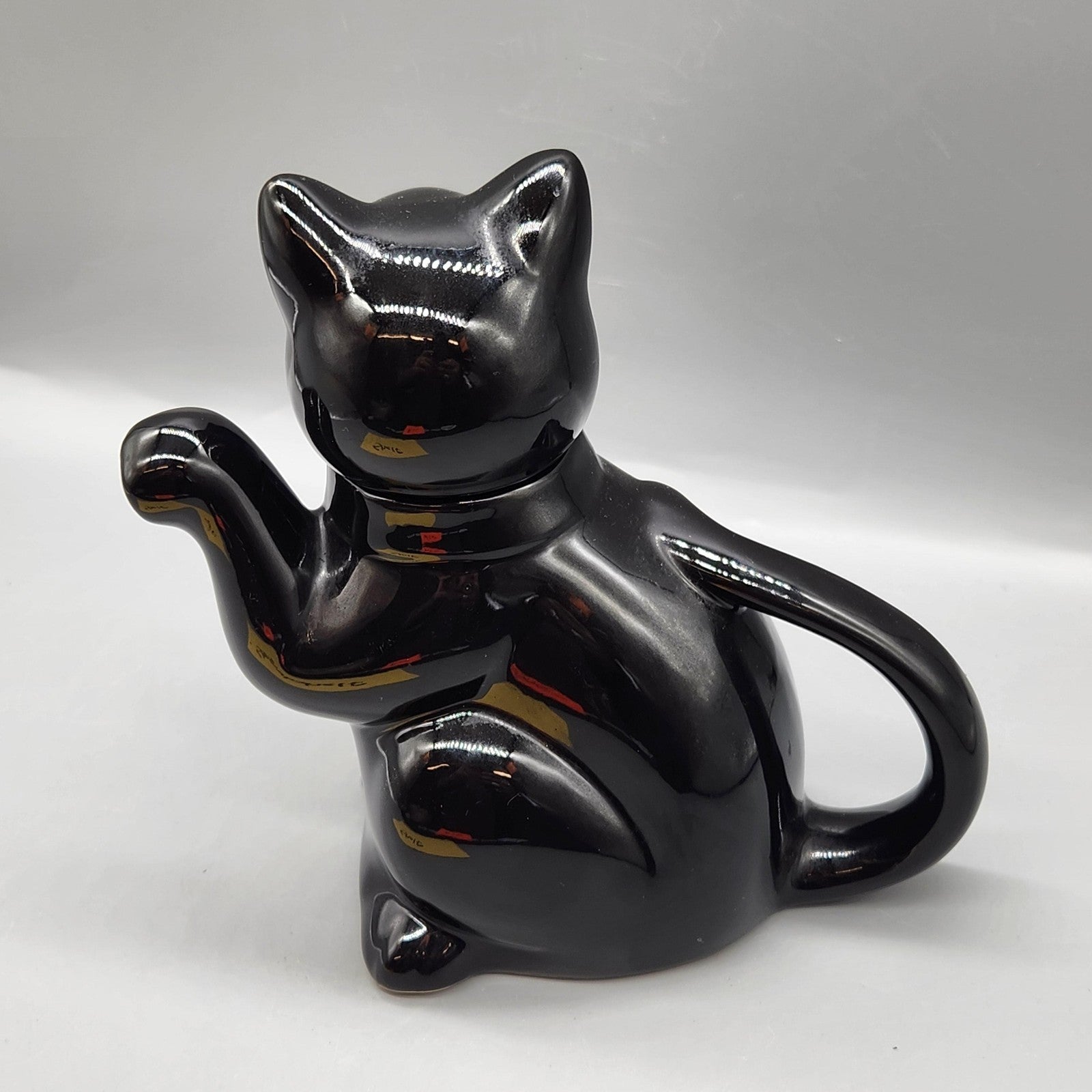 Black Ceramic Cat Teapot Glossy Figural Lid Handle Small Kitchen Decor
