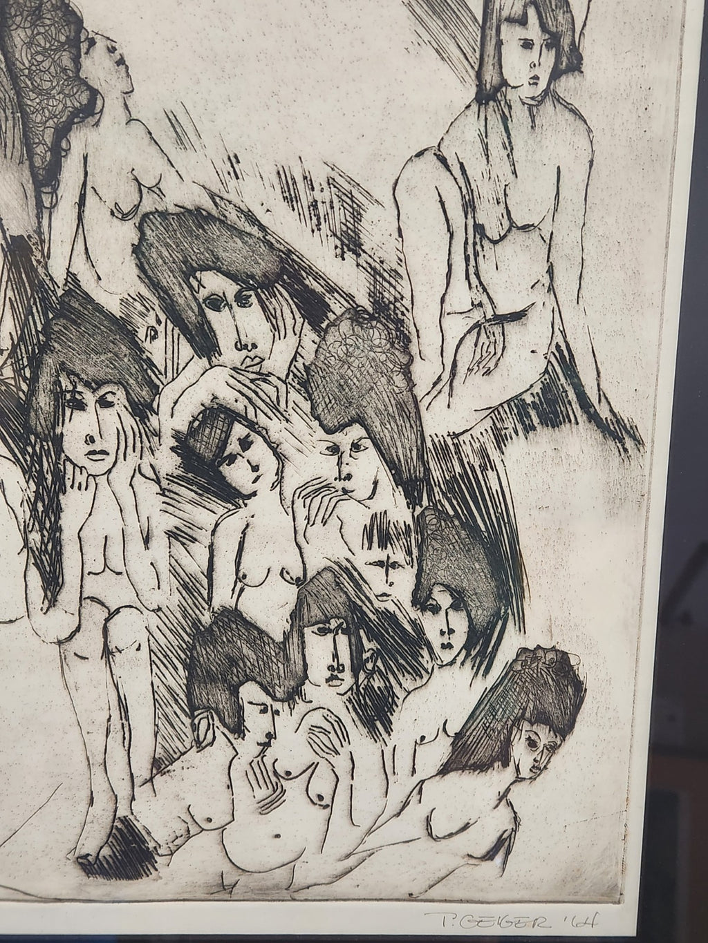Original 1964 Proof Etching Signed T Geiger Nude Figure Mid Century Modern Art