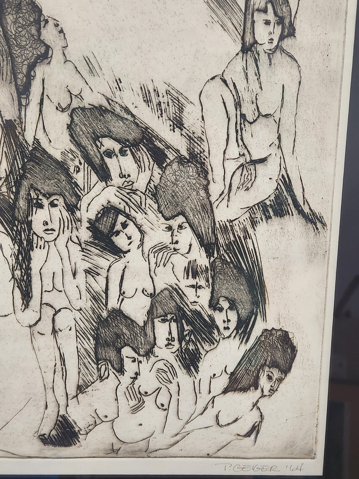 Original 1964 Proof Etching Signed T Geiger Nude Figure Mid Century Modern Art