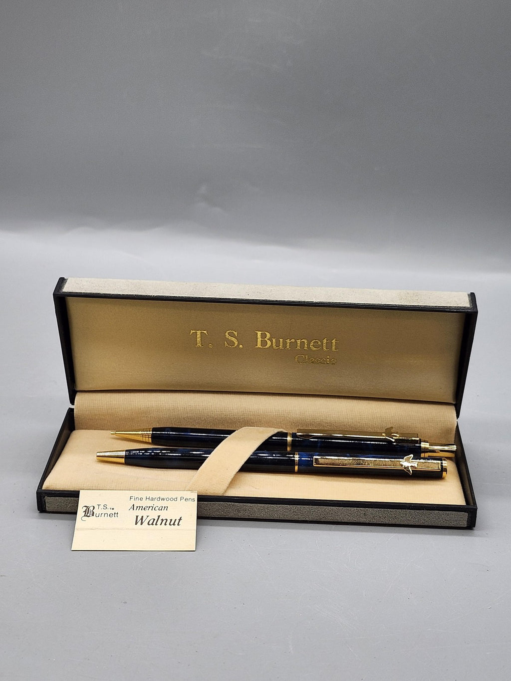 T.S. Burnett Pen Pencil Gift Set Lot 2 American Walnut Wood Gold Tone Case