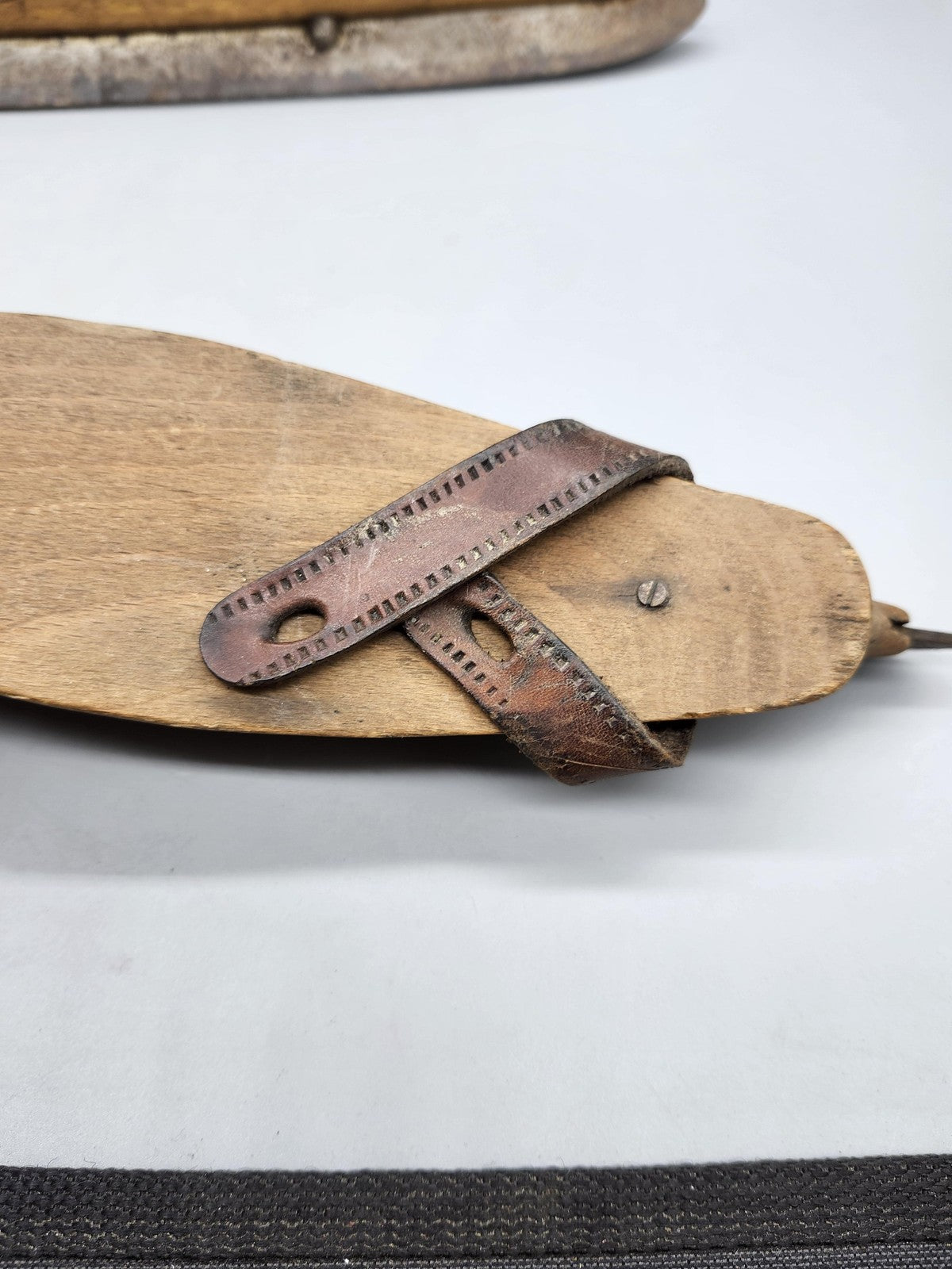 Vintage Wooden Ice Skates Adjustable Brown Leather Strap On Blades Rustic