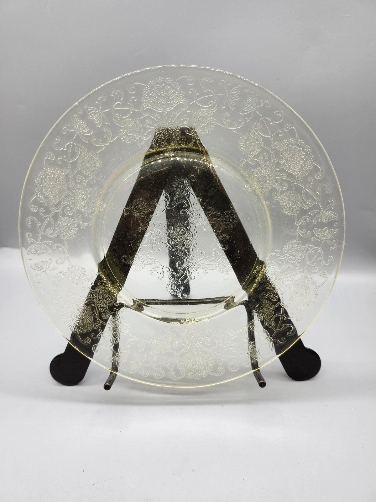 Vintage Yellow Pressed Glass Luncheon Plate Floral Etched Pattern Table Decor