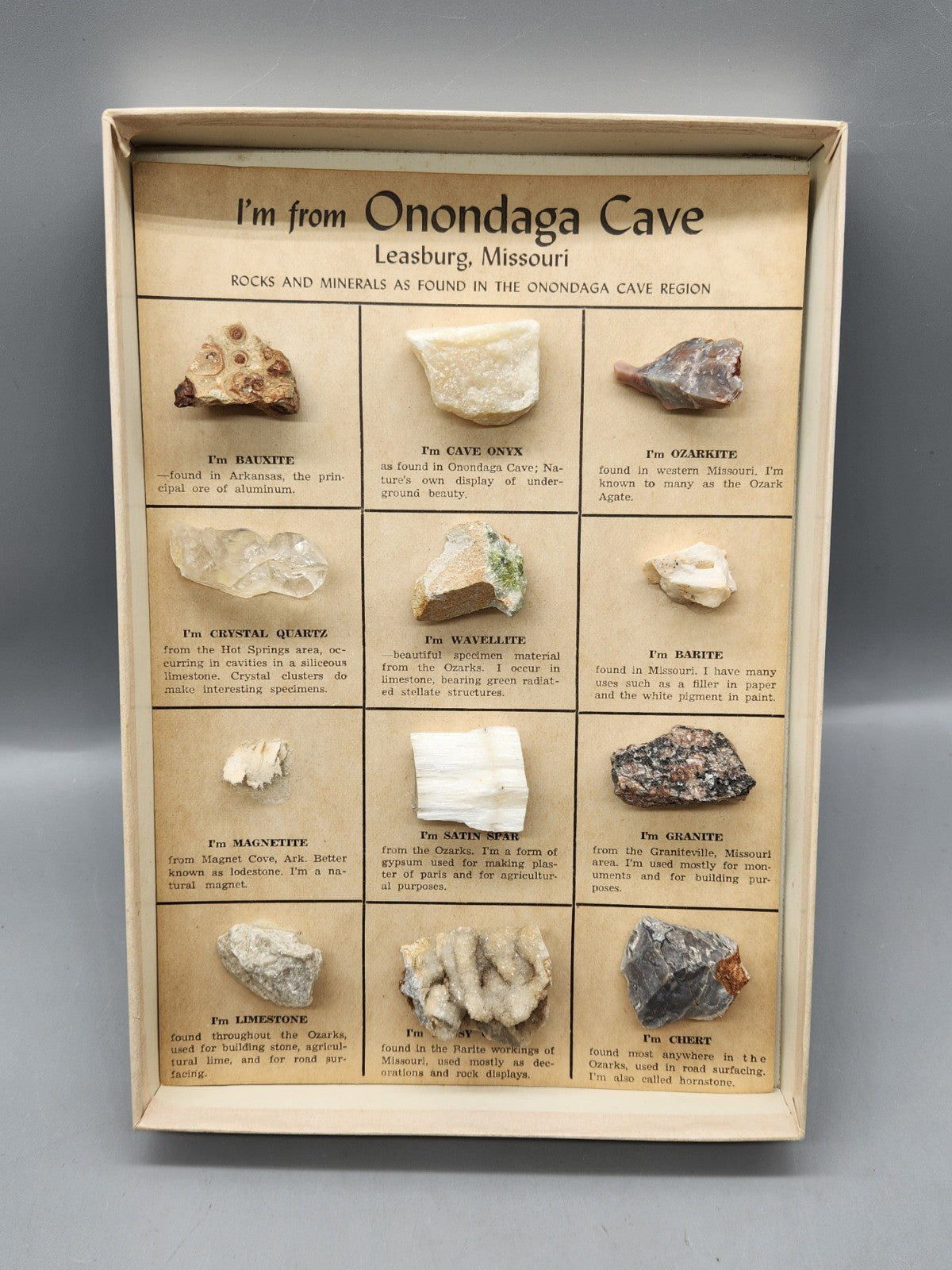 Vintage Onondaga Cave Leasburg MO Rock Mineral Specimen Display Souvenir Box