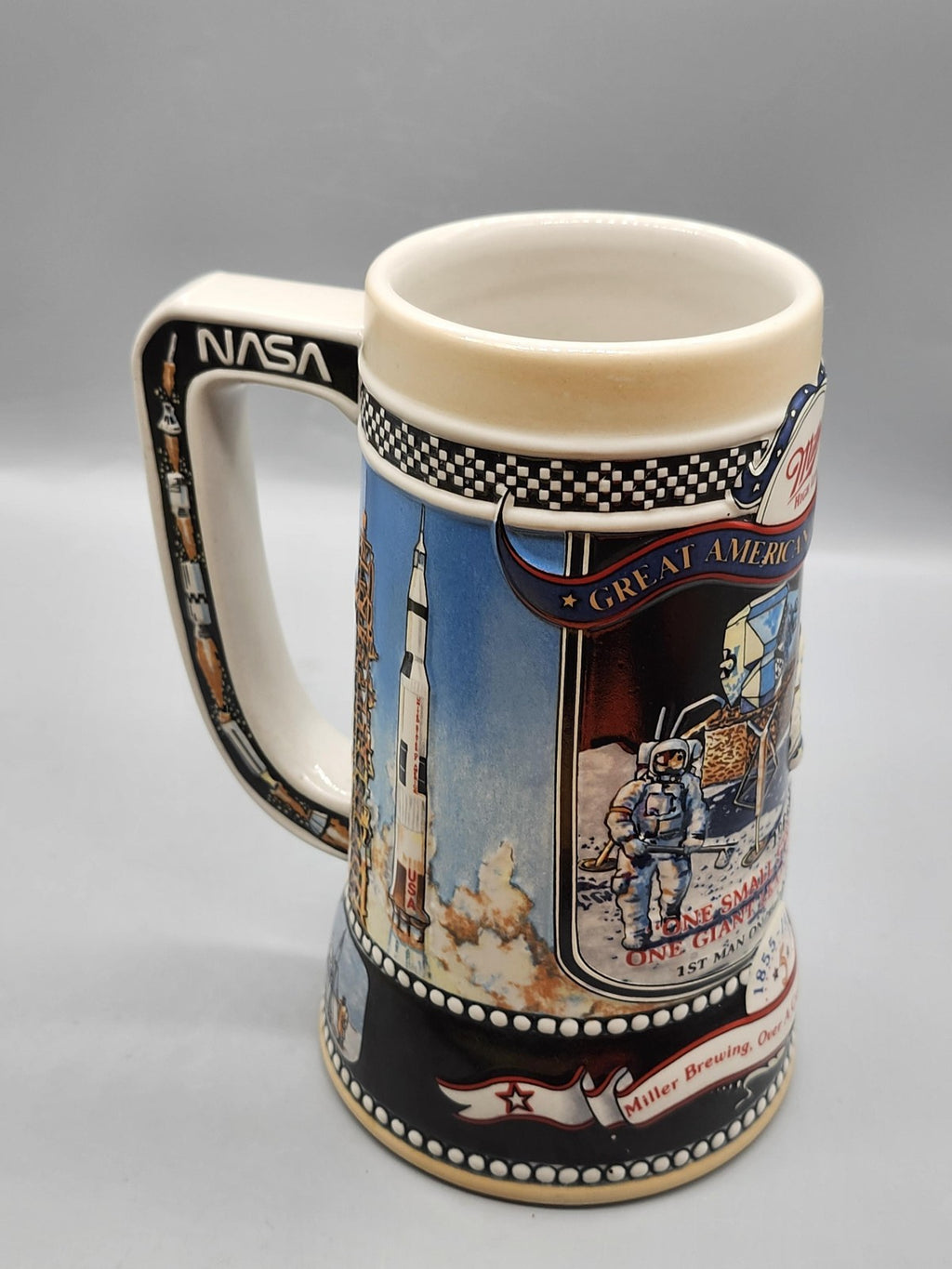 Vintage 1990 Miller Great American Achievements Beer Stein NASA Apollo 11 Brazil