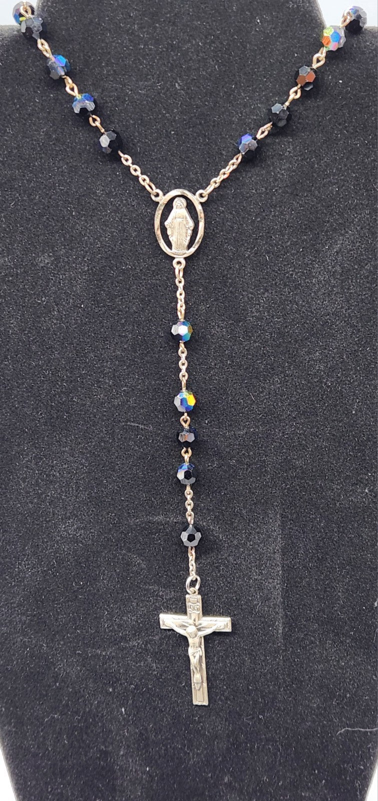 Vintage 925 Sterling Silver Miraculous Medal Rosary Black Aurora Borealis...