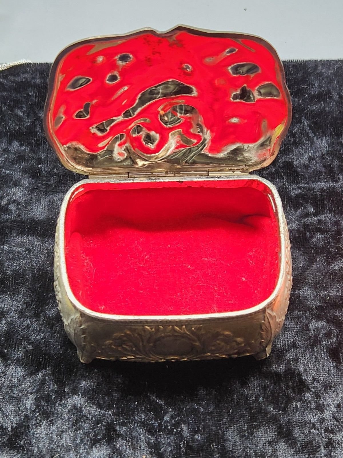 Vintage Japanese Trinket Jewelry Box Gold Tone Floral Ornate Red Velvet