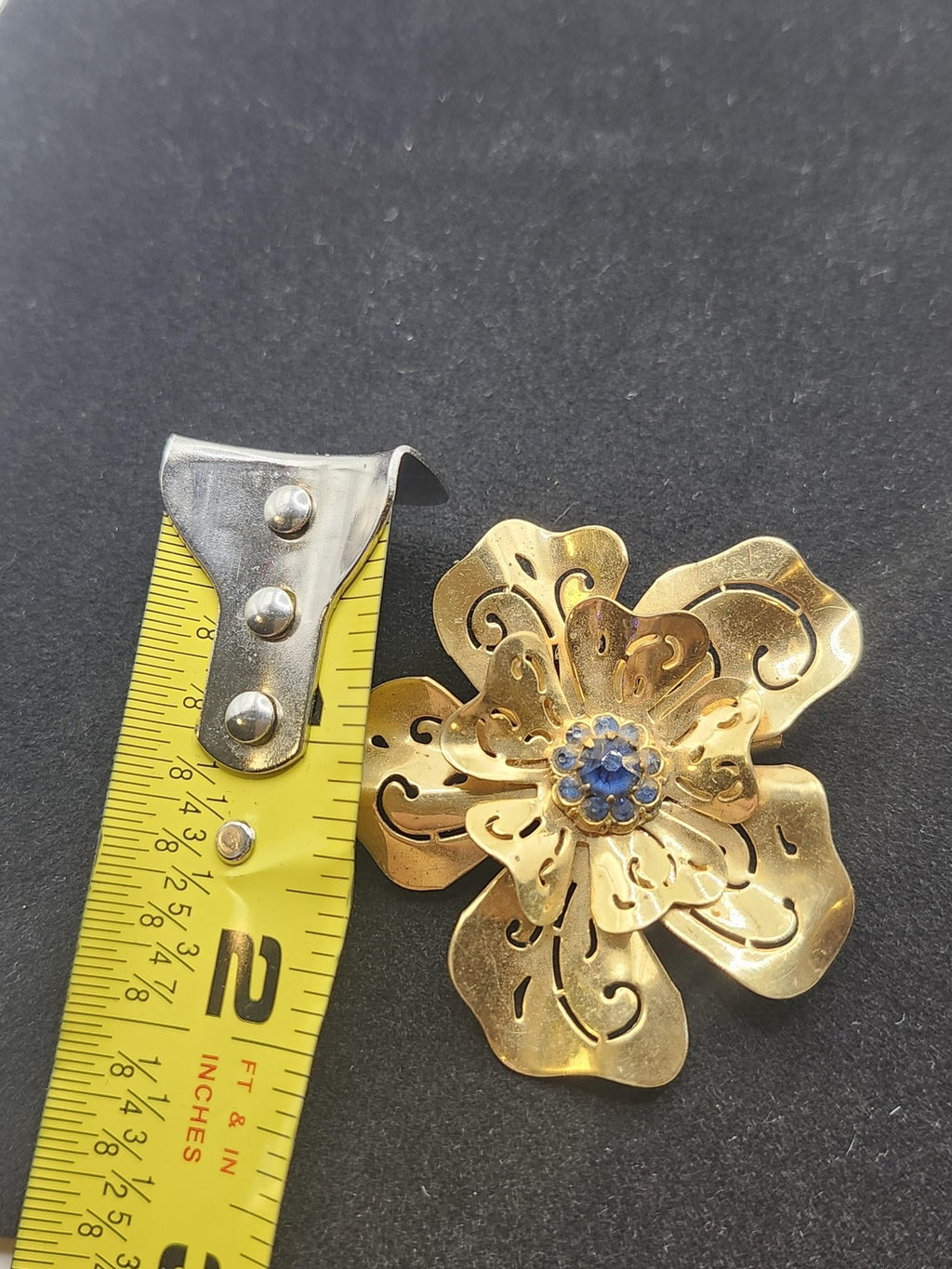 Gold Tone Flower Brooch Pin Blue Rhinestone Petals Layered Costume Jewelry