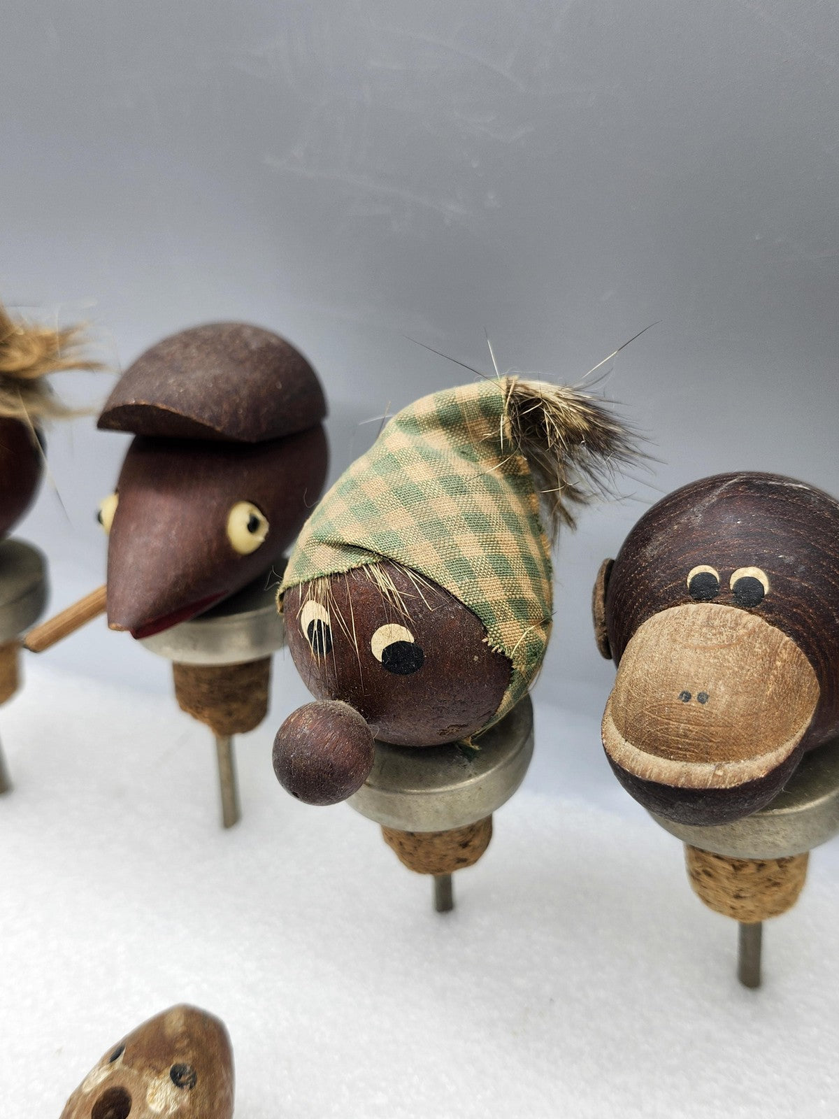 Vintage Wood Bottle Stopper Set Brown Character Faces Bottle Opener Bar Decor