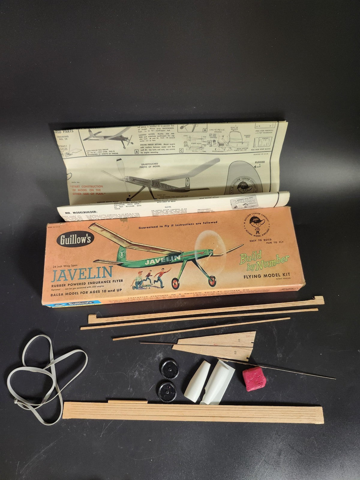 Vintage Guillows Javelin Balsa Airplane Model Kit Brown Box Parts Repair
