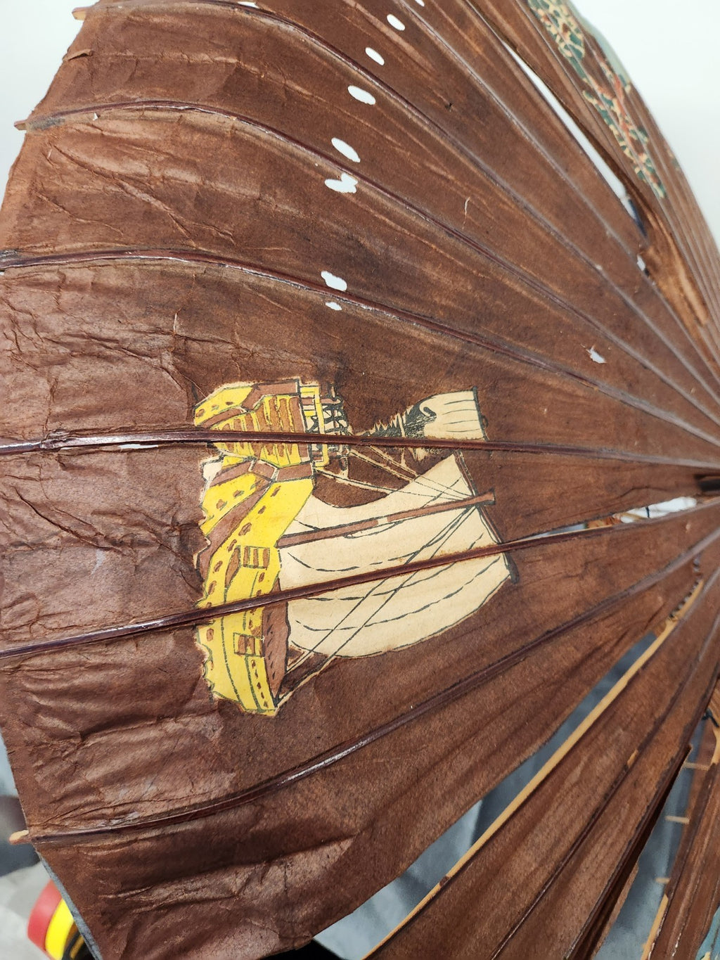 Vintage Japanese Paper Parasol Umbrella Hand Painted Mt Fuji Bamboo Wagasa 32”