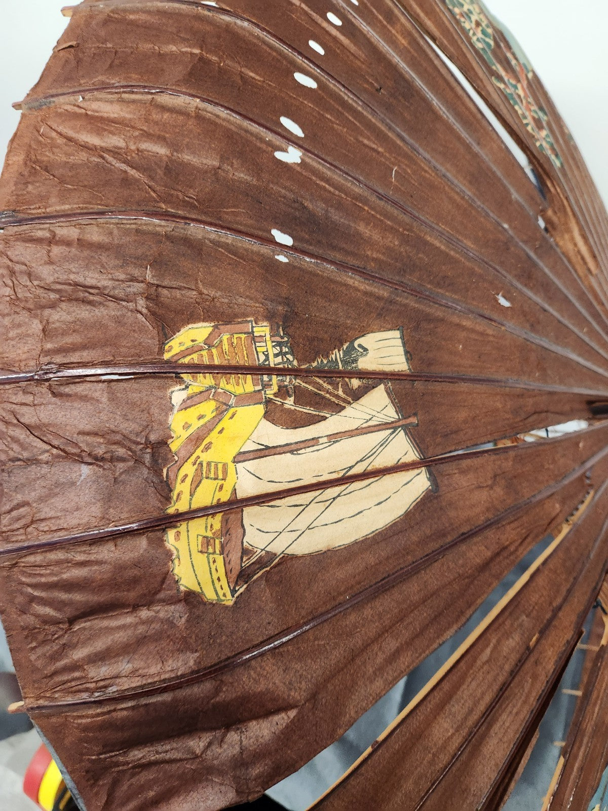 Vintage Japanese Paper Parasol Umbrella Hand Painted Mt Fuji Bamboo Wagasa 32”