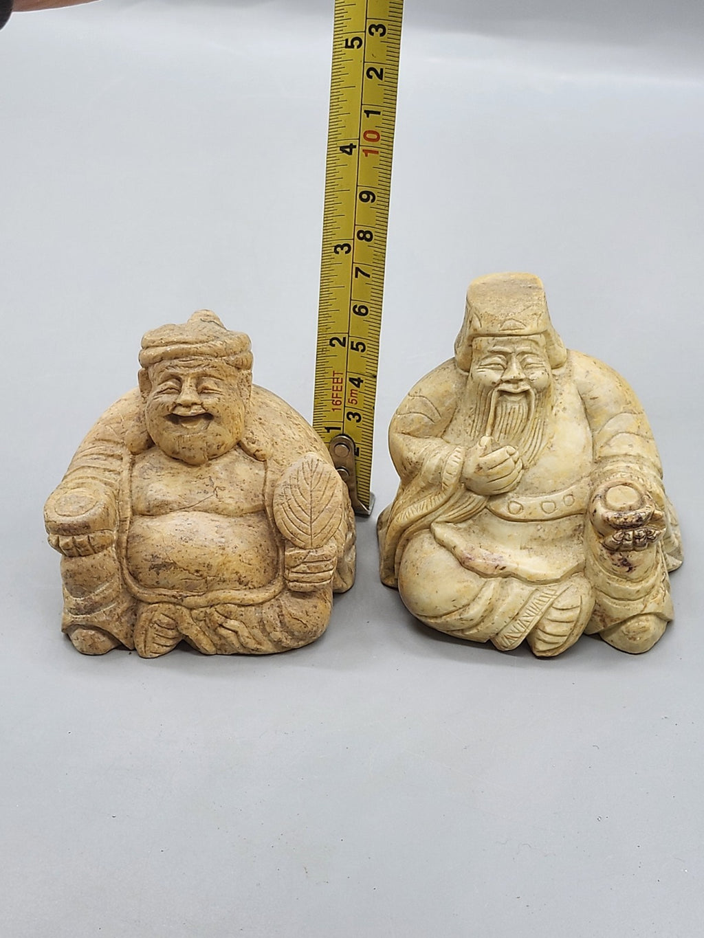 Pair Asian Carved Stone Buddha & Fukurokuju Figurines Vintage 4" Statues