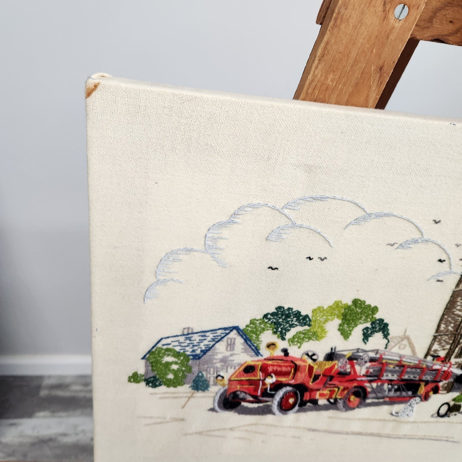 Vintage 1976 National Paragon Fire Truck Crewel Embroidery Wall Art 20” x 16”