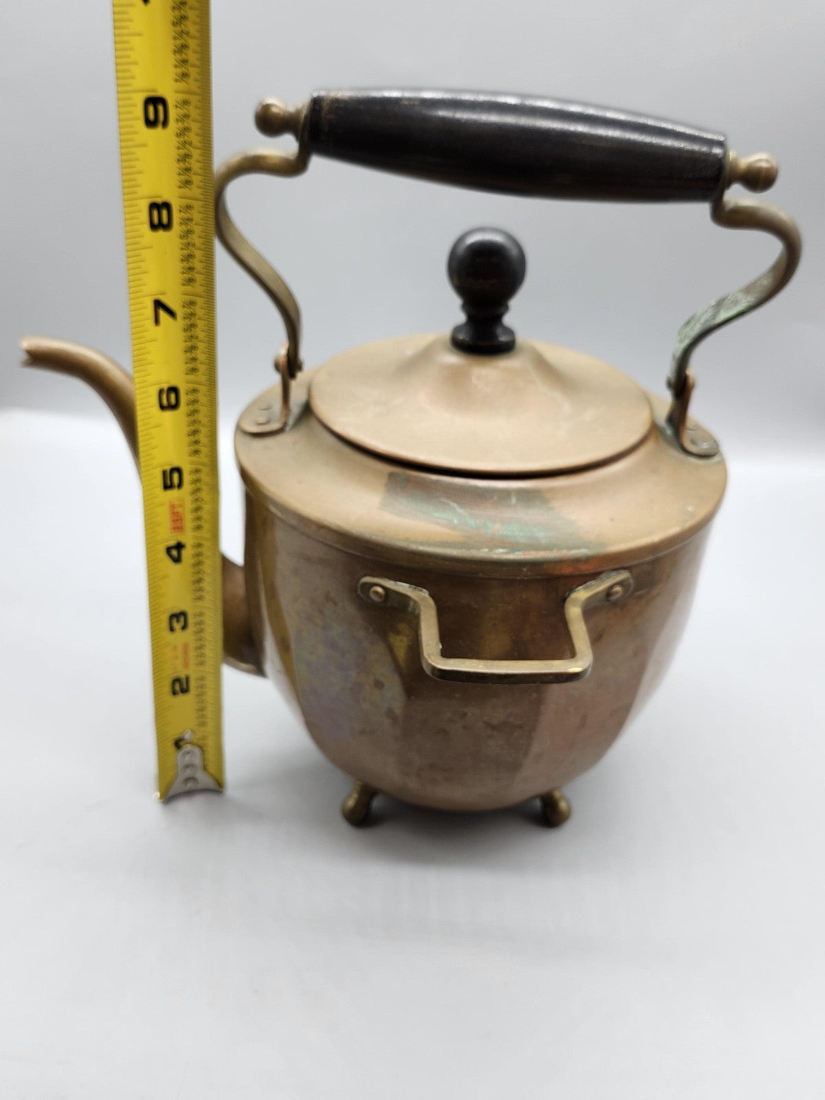 Vintage Copper Brass Tea Pot Kettle Medium Brown Wood Handle Lid Strainer Decor