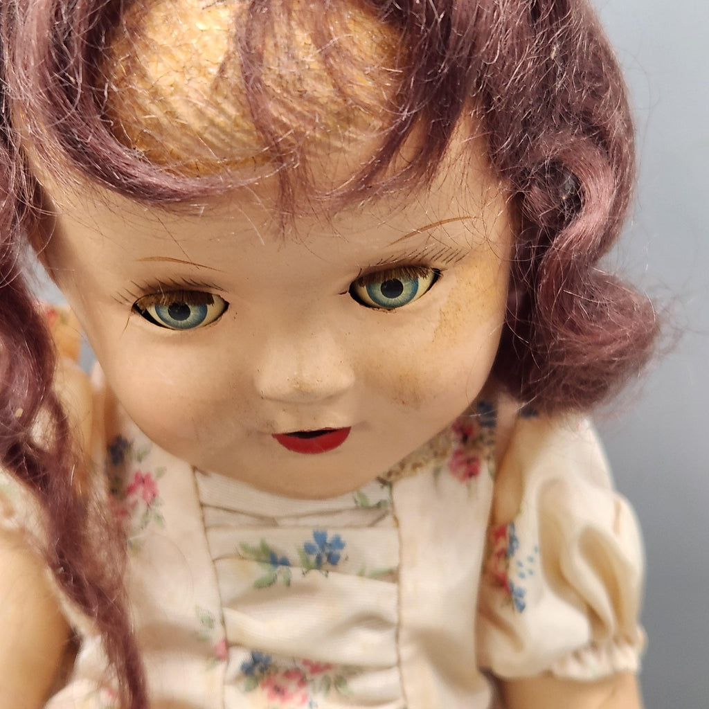 Vintage Composition Girl Doll 17 In Brown Hair Green Eyes Floral Dress Shoes