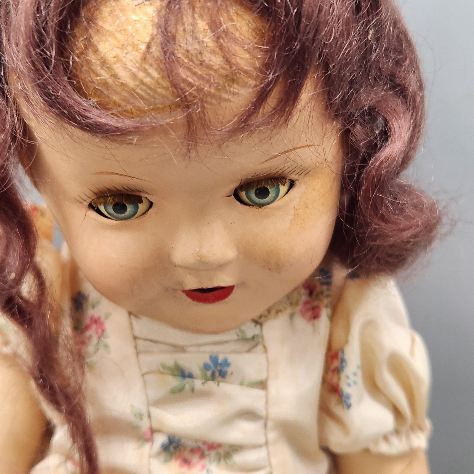 Vintage Composition Girl Doll 17 In Brown Hair Green Eyes Floral Dress Shoes