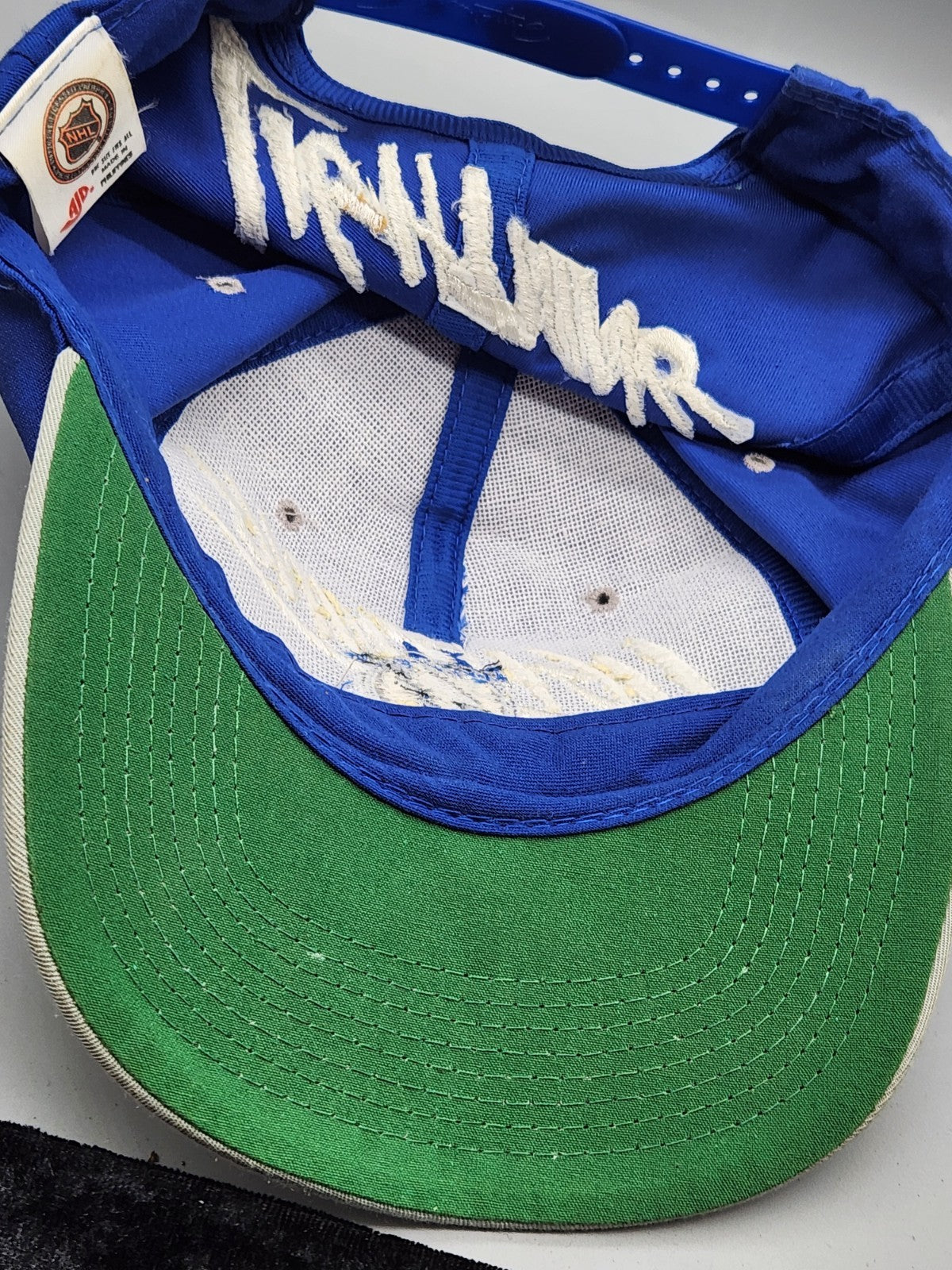 Vintage Tampa Bay Lightning Snapback Hat NHL Script Logo AJD Blue White 1990s