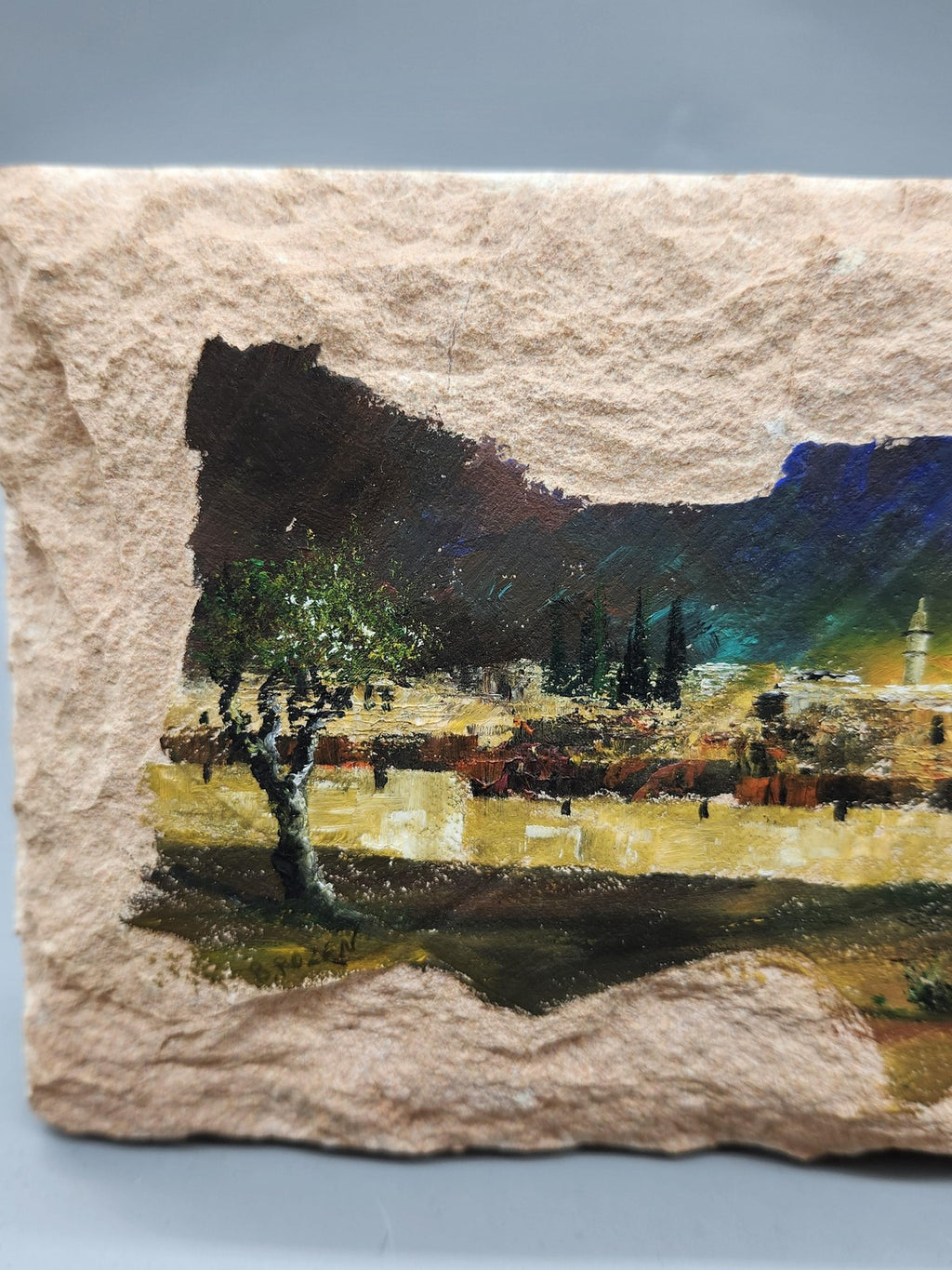 Jerusalem Western Wall Dome Rock Original Painting On Stone Tile Small Judaica
