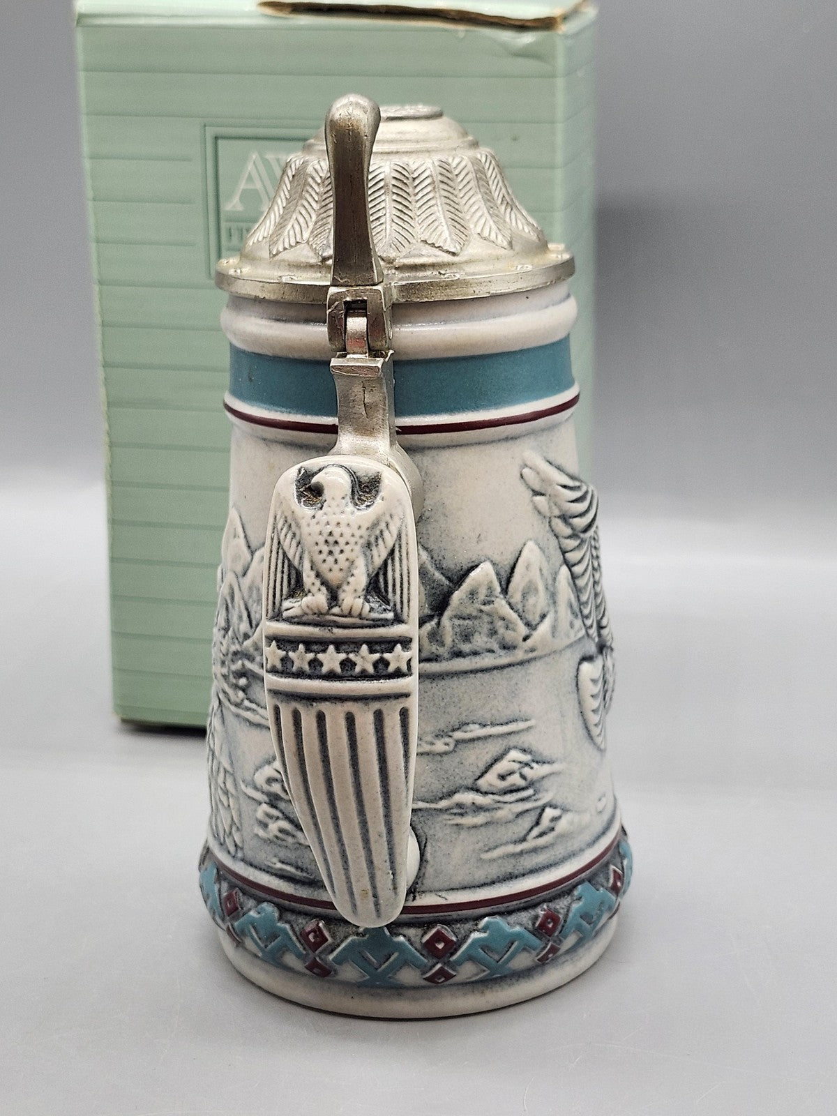 Vintage 1990 Avon Endangered Bald Eagle Lidded Stein White Brazil Wildlife Decor