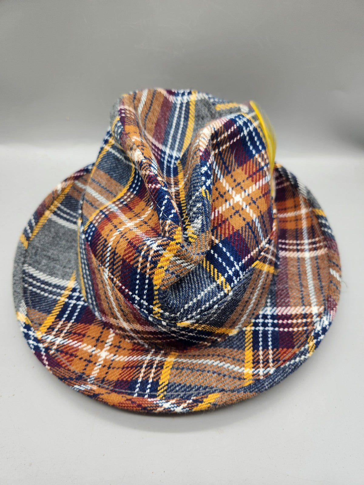 Vintage Plaid Fedora Hat Size 7 1/8 Brown Blue Yellow Tartan Trilby Style