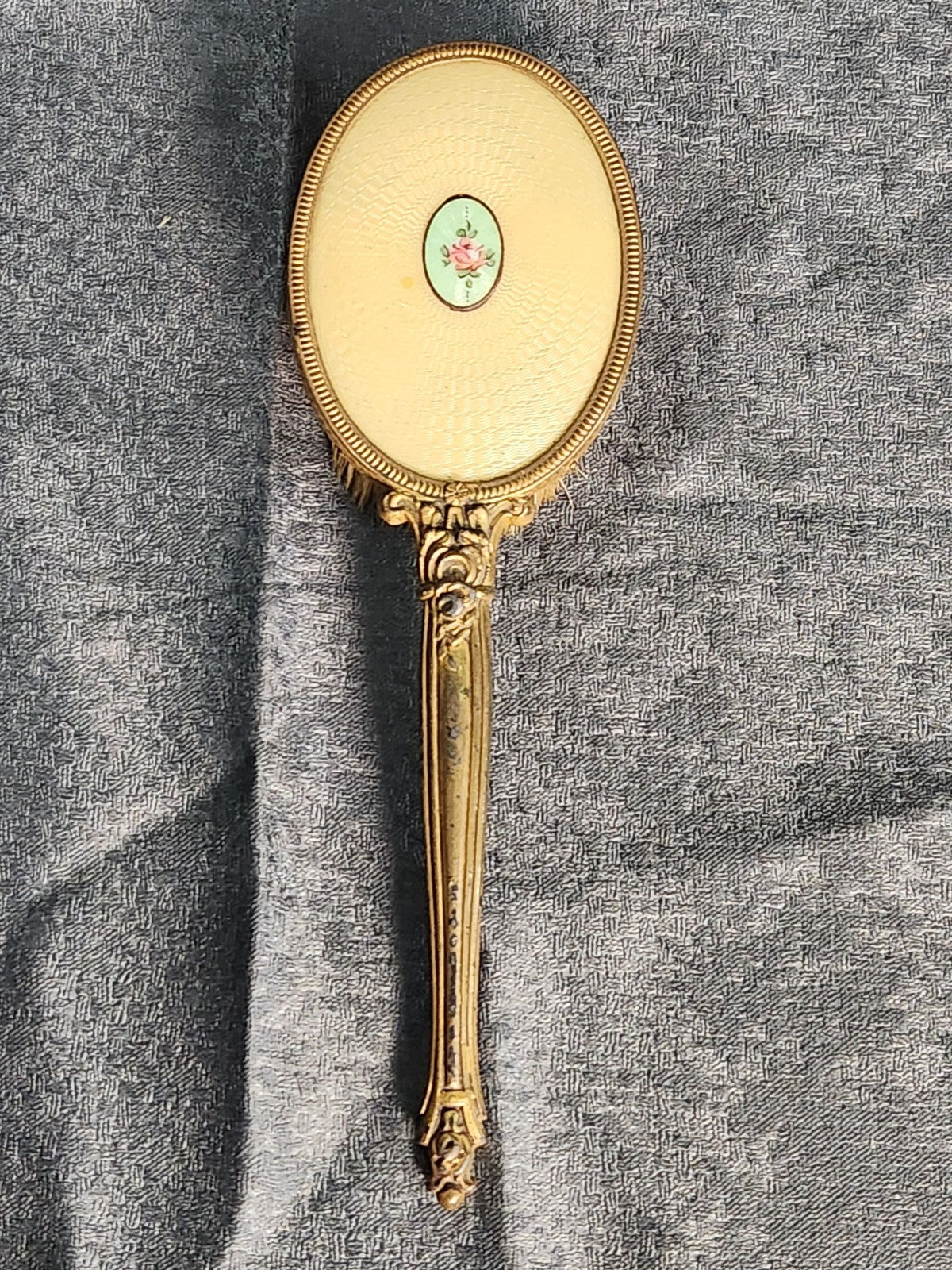 Vintage Vanity Hair Brush Floral Enamel Gold Tone Ornate Handle Victorian Style
