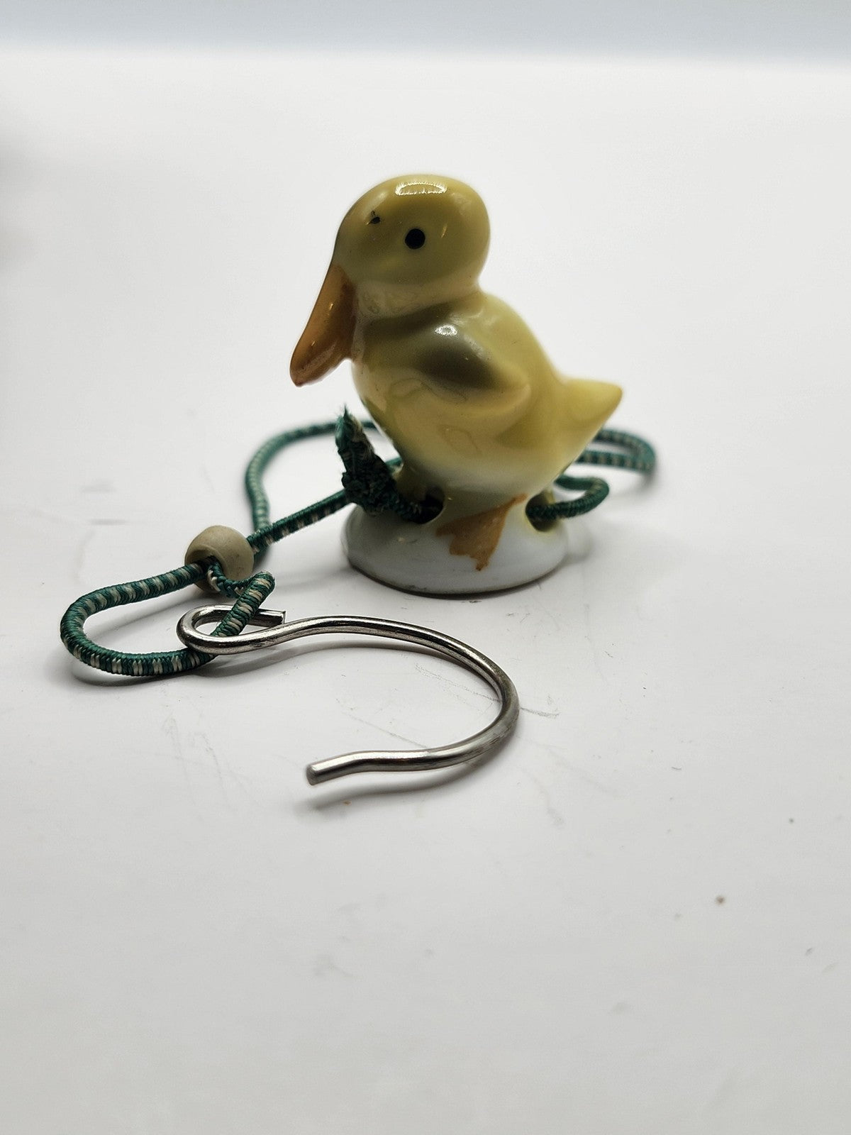 Porcelain Duck Ornament Small Yellow Bird Green Cord Metal Hook Figurine Decor