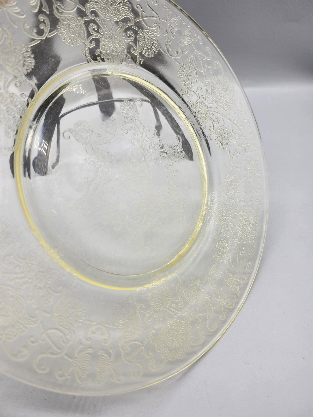 Vintage Yellow Pressed Glass Luncheon Plate Floral Etched Pattern Table Decor