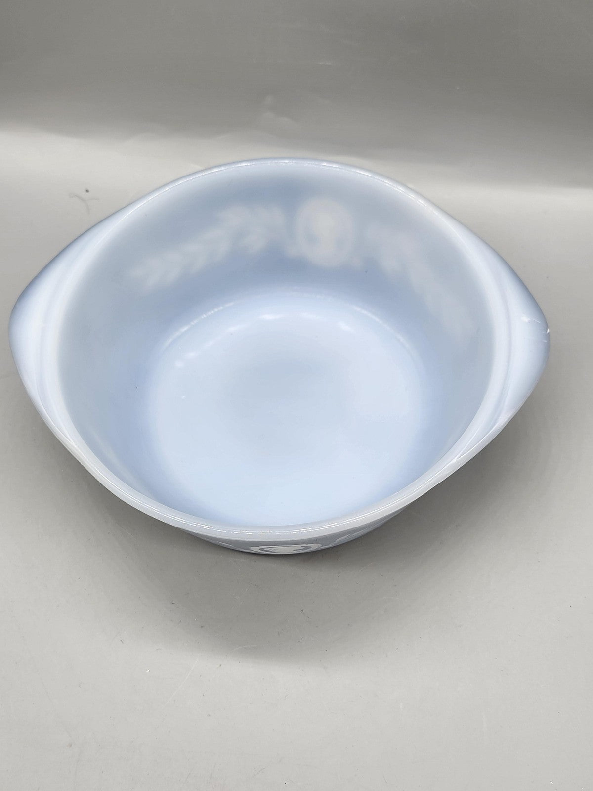 Vintage Glasbake Blue Milk Glass Casserole Cameo Floral 10" Ovenware USA Decor