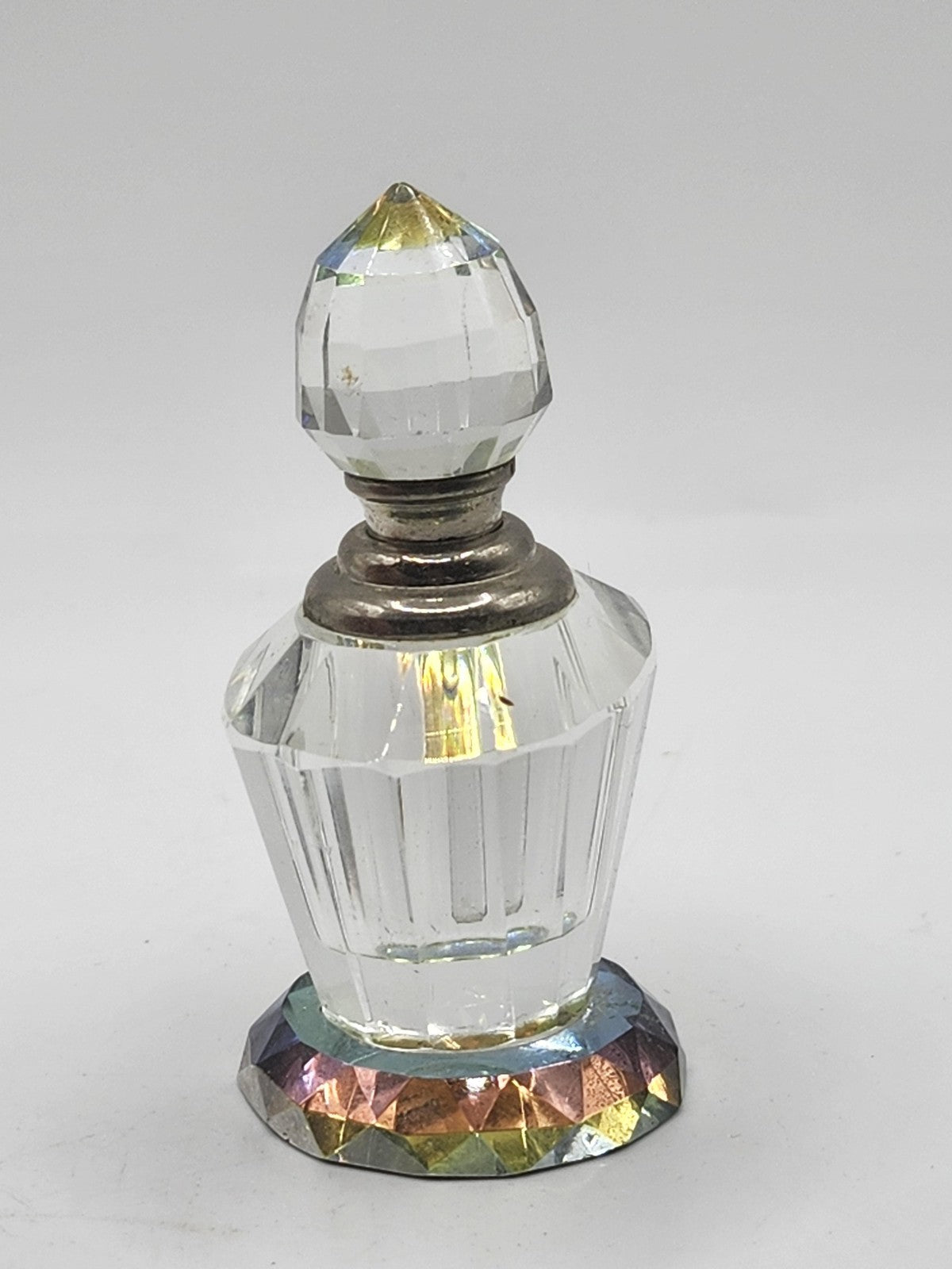 Vintage Crystal Perfume Bottle Faceted Clear Stopper Iridescent Vanity Decor