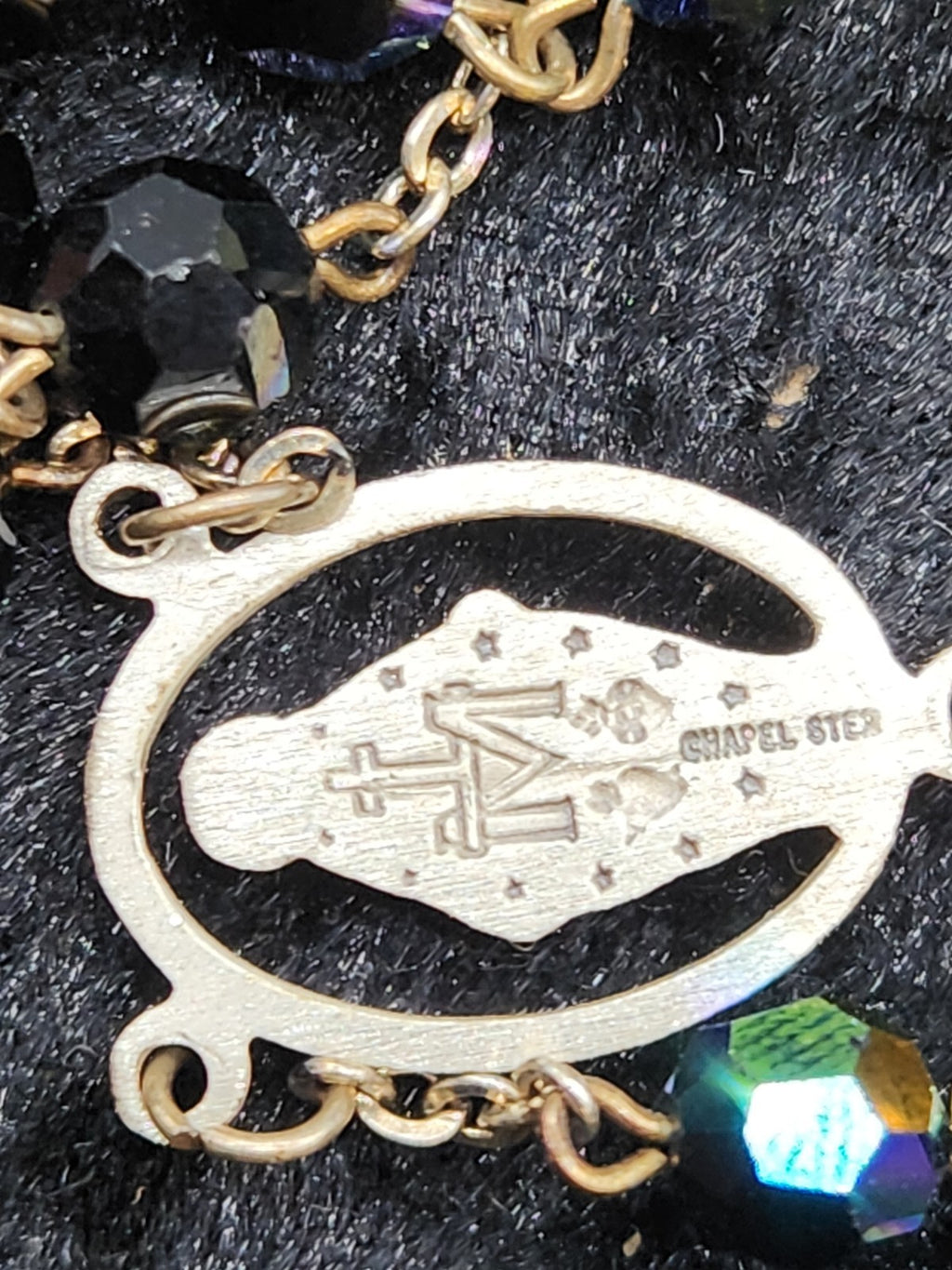 Vintage 925 Sterling Silver Miraculous Medal Rosary Black Aurora Borealis...