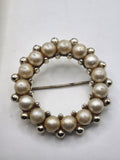 Faux Pearl Wreath Brooch Pin Silver Tone Round Costume Jewelry White Cream