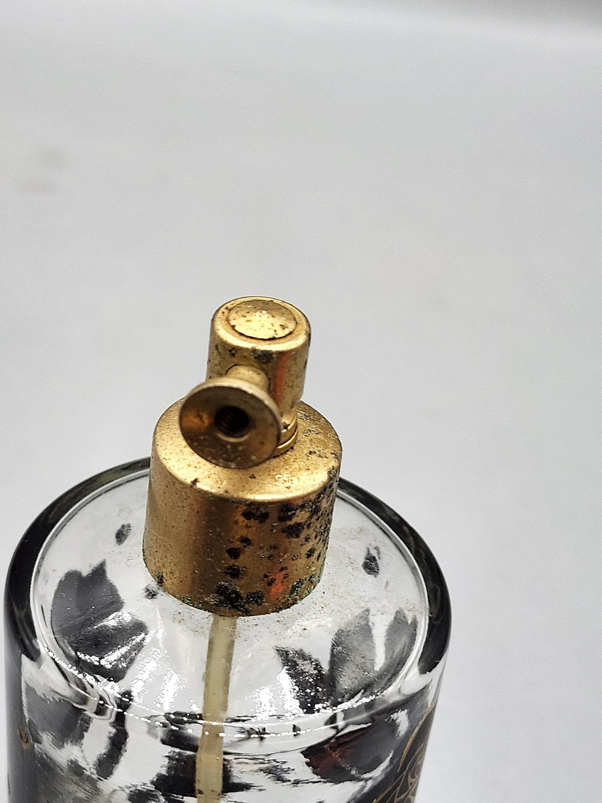 Vintage Unmarked Glass Perfume Atomizer Bottle Black Gold Rose Vanity Decor