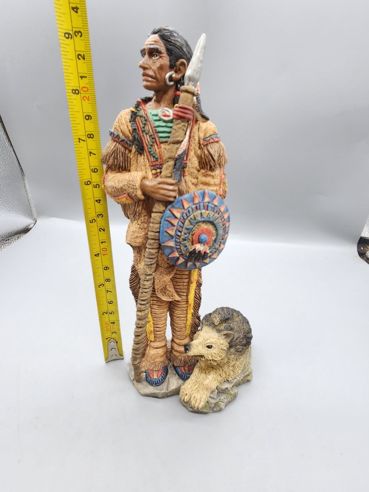Vintage Native American Warrior Statue Figurine Spear Shield Wolf Resin 22”...