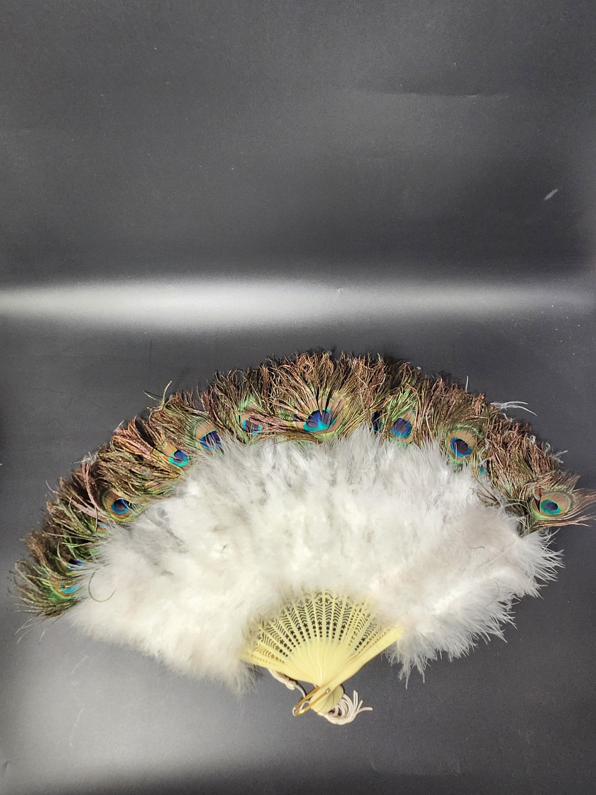 Peacock Feather Decorative Fan Traditional White Marabou Tassel Multicolor Decor