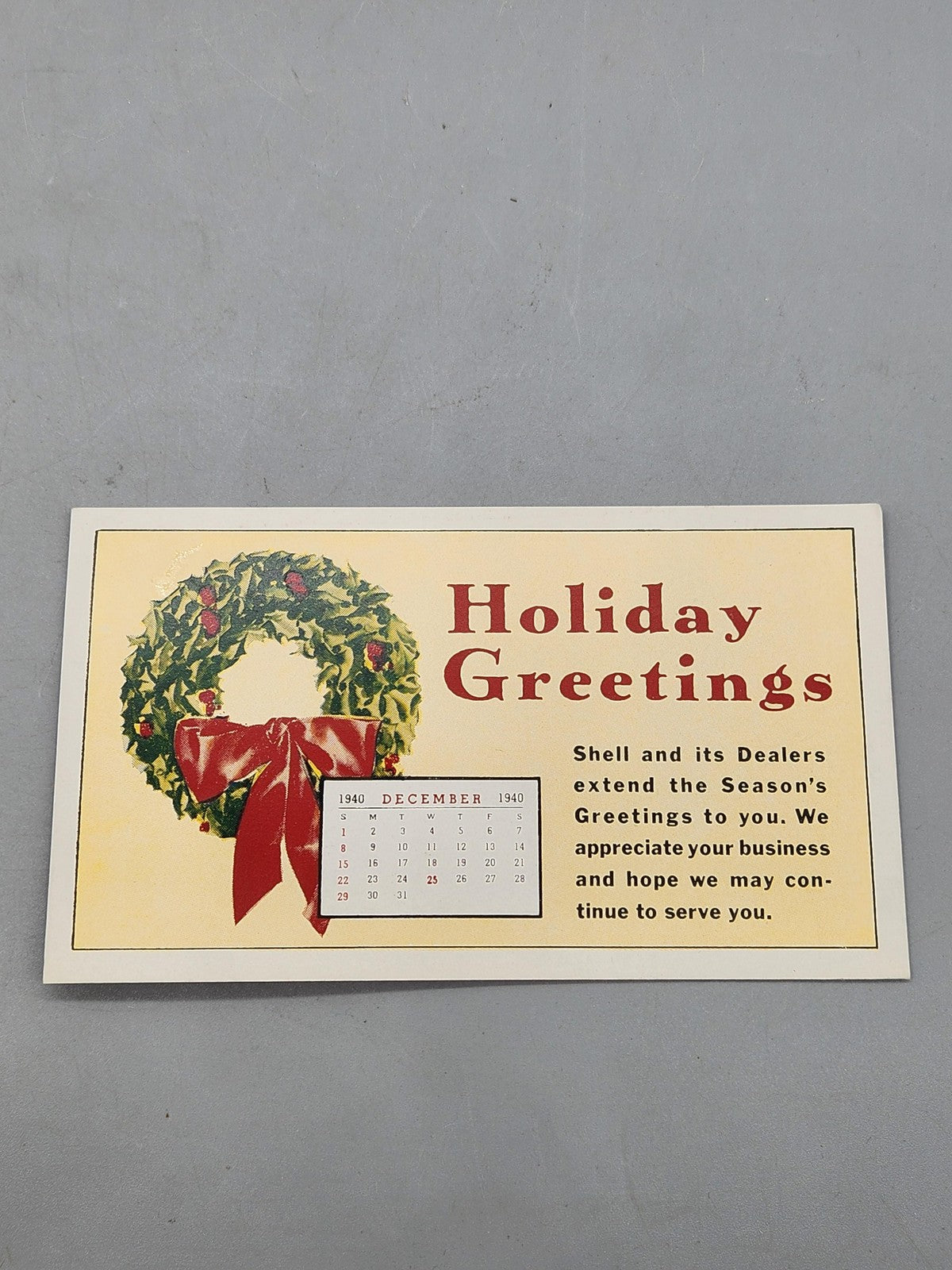 Vintage 1940 Shell Holiday Greetings Advertising Sign Card Wreath Calendar Decor