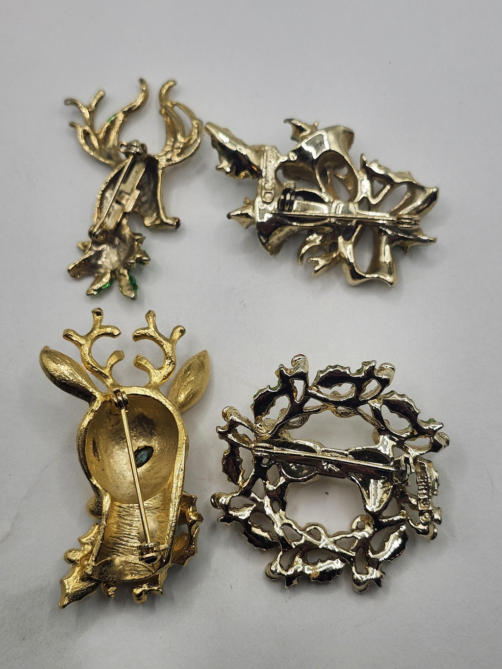 Christmas Reindeer Brooch Pin Lot Gold Tone Enamel Rhinestone Holiday Jewelry