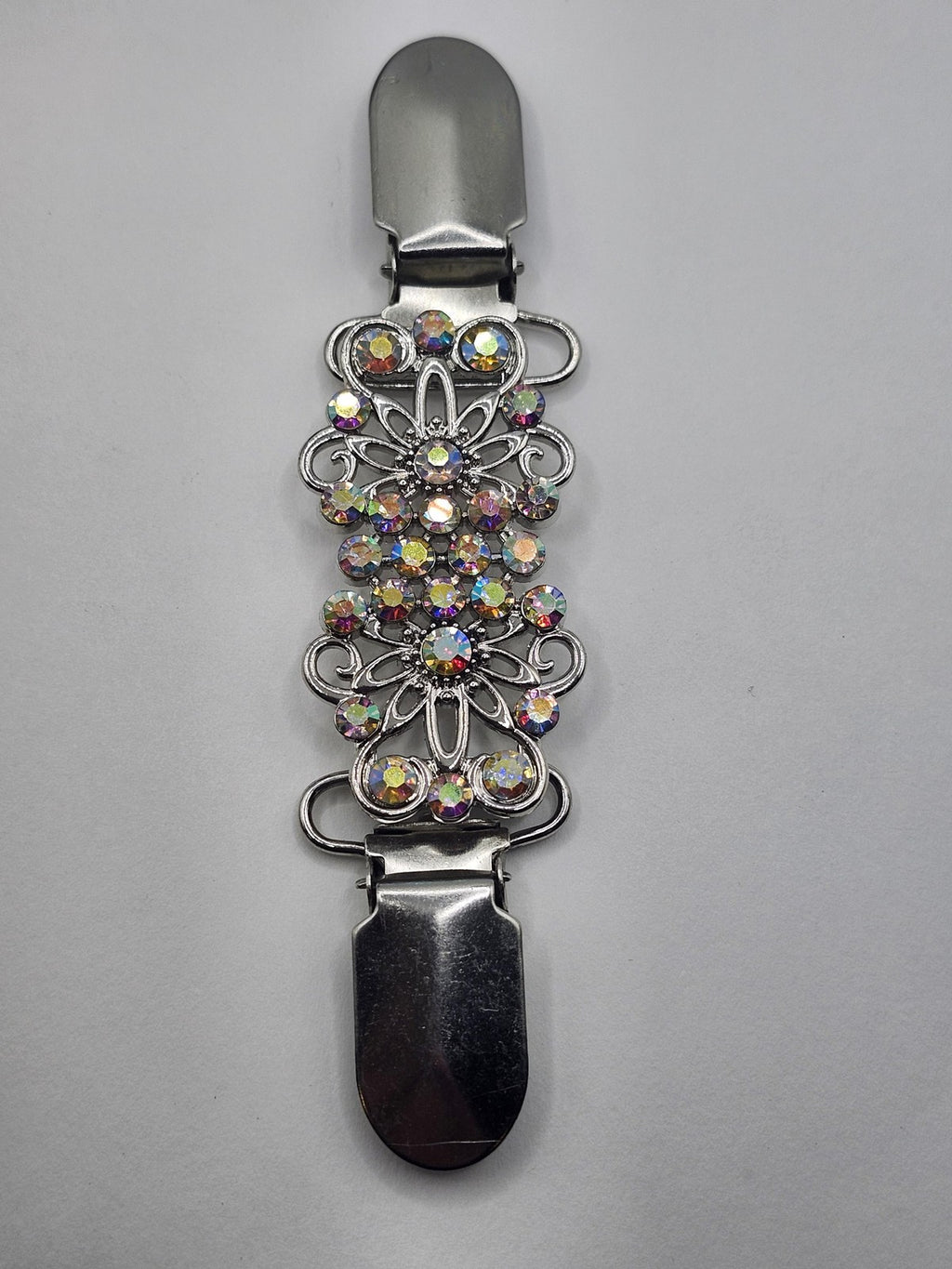 Silver Tone Multicolor Rhinestone Brooch Sweater Clip Floral Jewelry 3 Inch