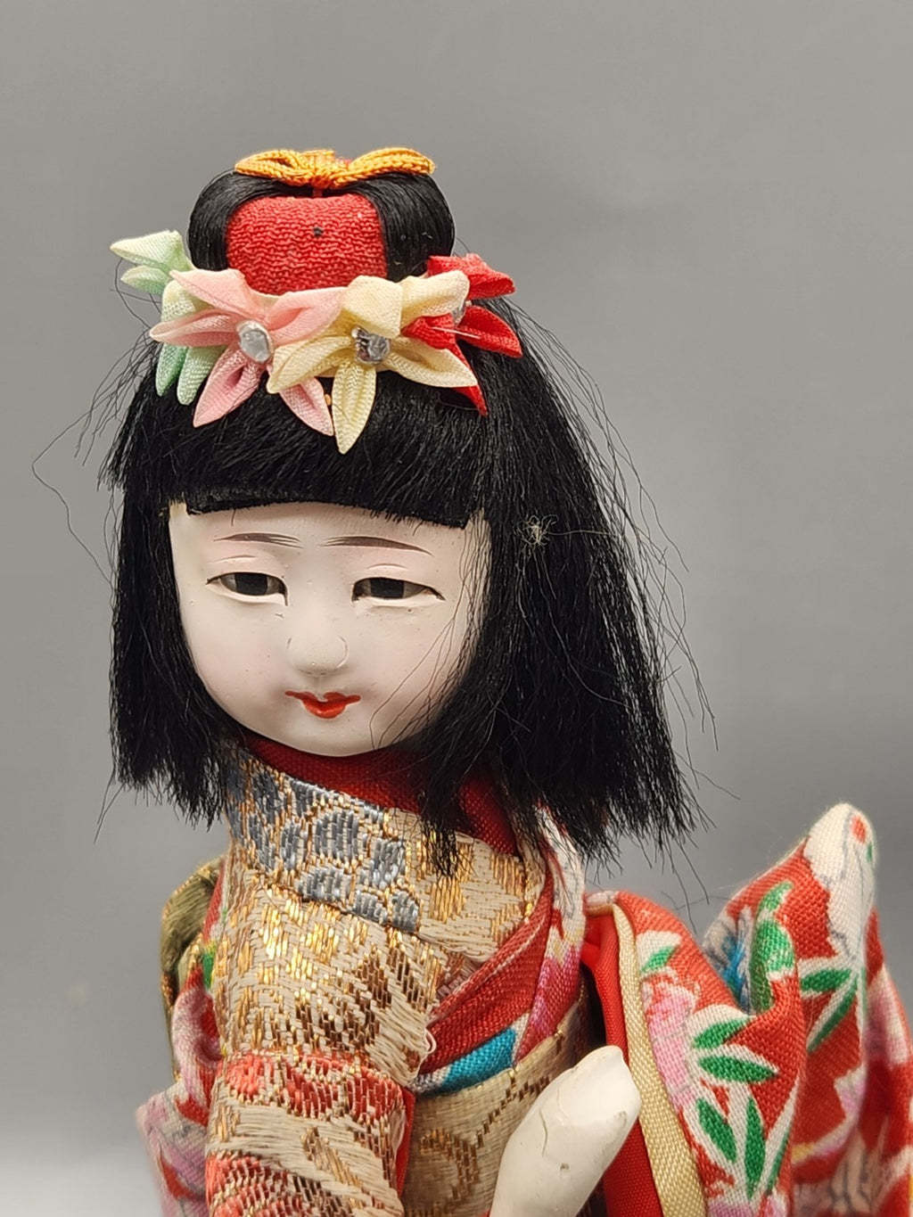 Vintage Japanese Kimono Doll Hand Painted Face Silk Brocade Display Figure 9"