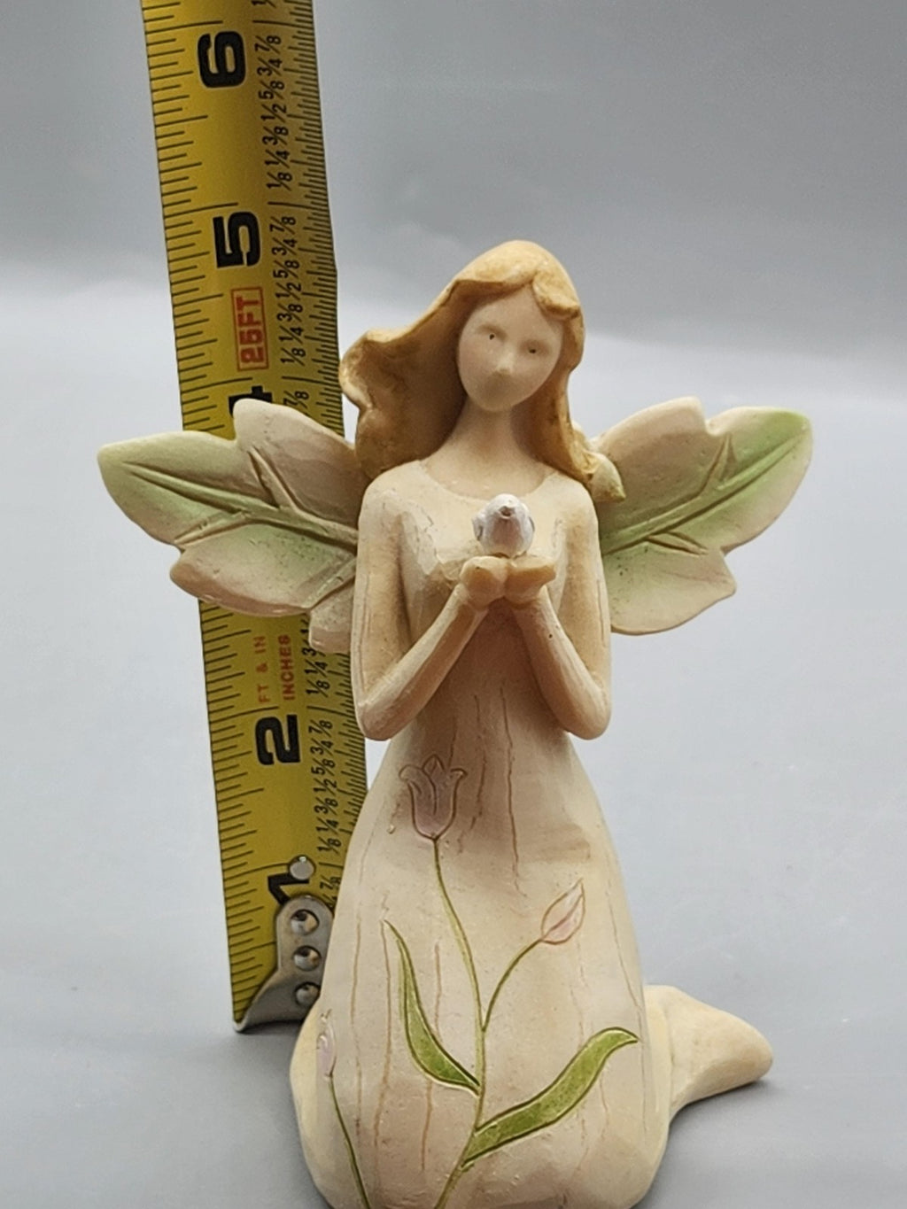Kneeling Angel Figurine Small Beige Green Bird Floral Resin Rustic Home Decor