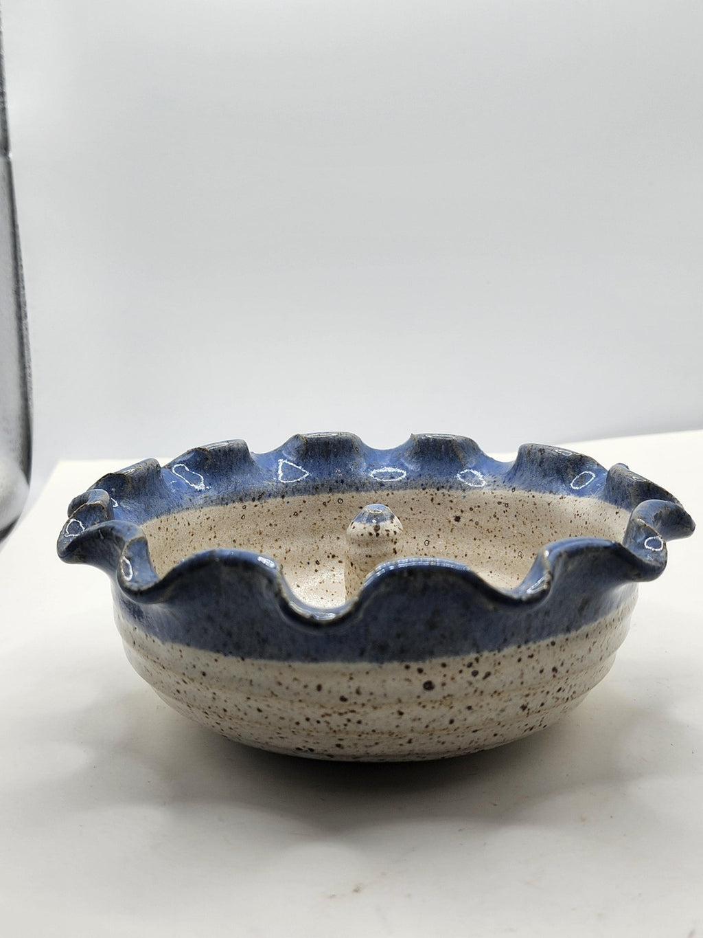 Whit Blue Stoneware Pillar Candle Holder Ruffled Edge Speckled Pottery Decor