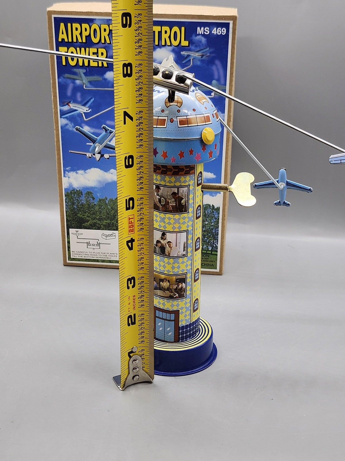 Airport Control Tower Wind Up Tin Toy Airplane Playset Blue Yellow Boxed MS 469