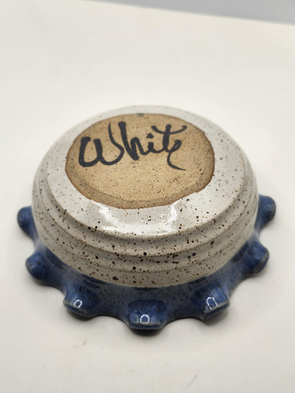 Whit Blue Stoneware Pillar Candle Holder Ruffled Edge Speckled Pottery Decor