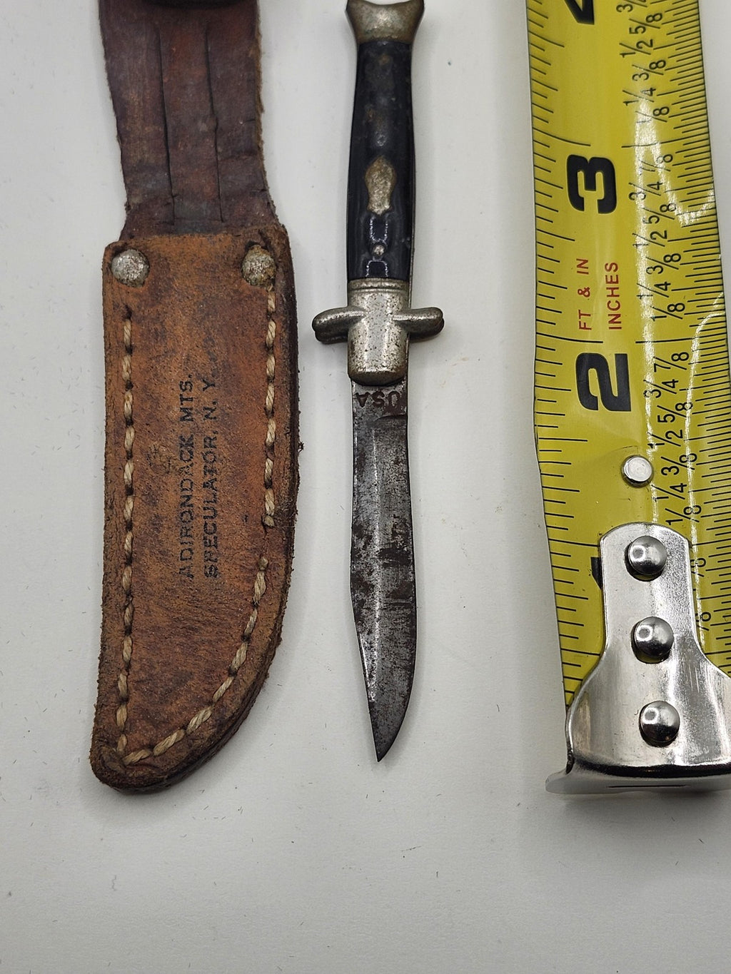 Vintage Mini Hunting Knife Fixed Blade Plastic Handle Brown Leather Sheath USA